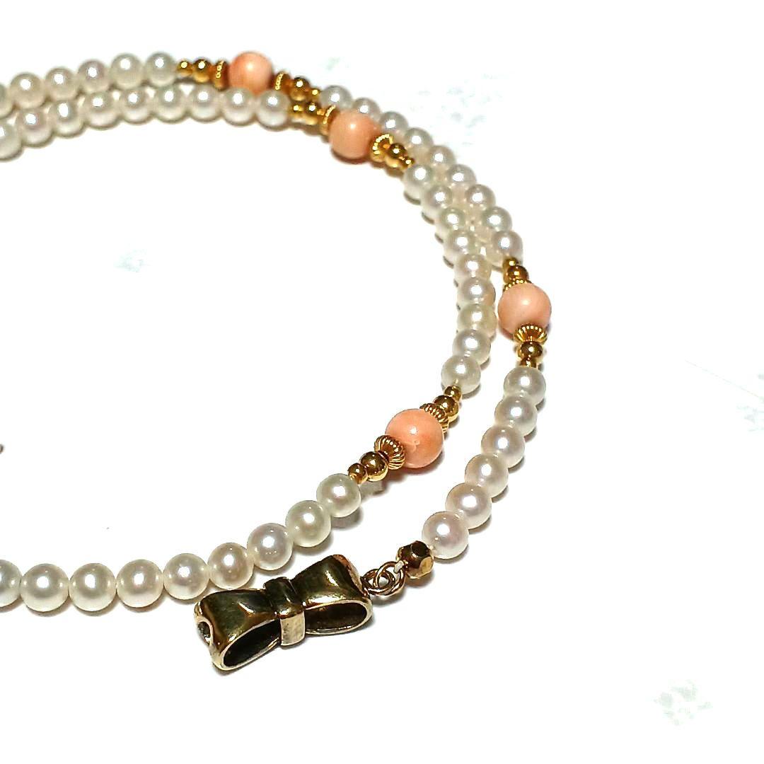 値下げ不可　あこや真珠　ベビーパール　珊瑚　リボン　ネックレス　シルバー