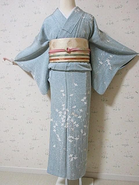 訪問着：白花と枝ライン：ミントグリーン蒔き糊染：11号小柄：シミ：袷正絹：P7