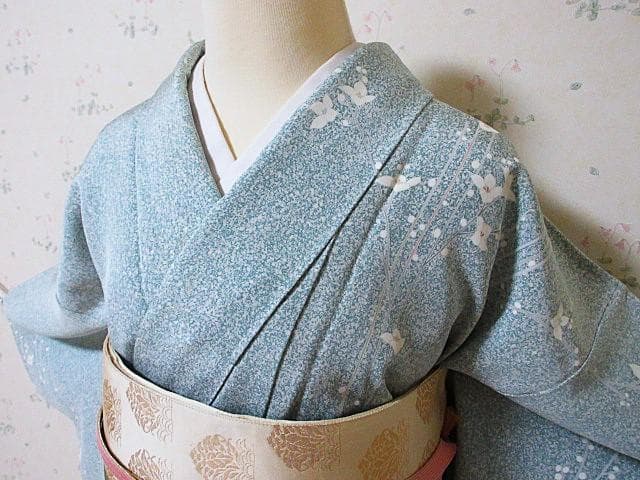 訪問着：白花と枝ライン：ミントグリーン蒔き糊染：11号小柄：シミ：袷正絹：P7