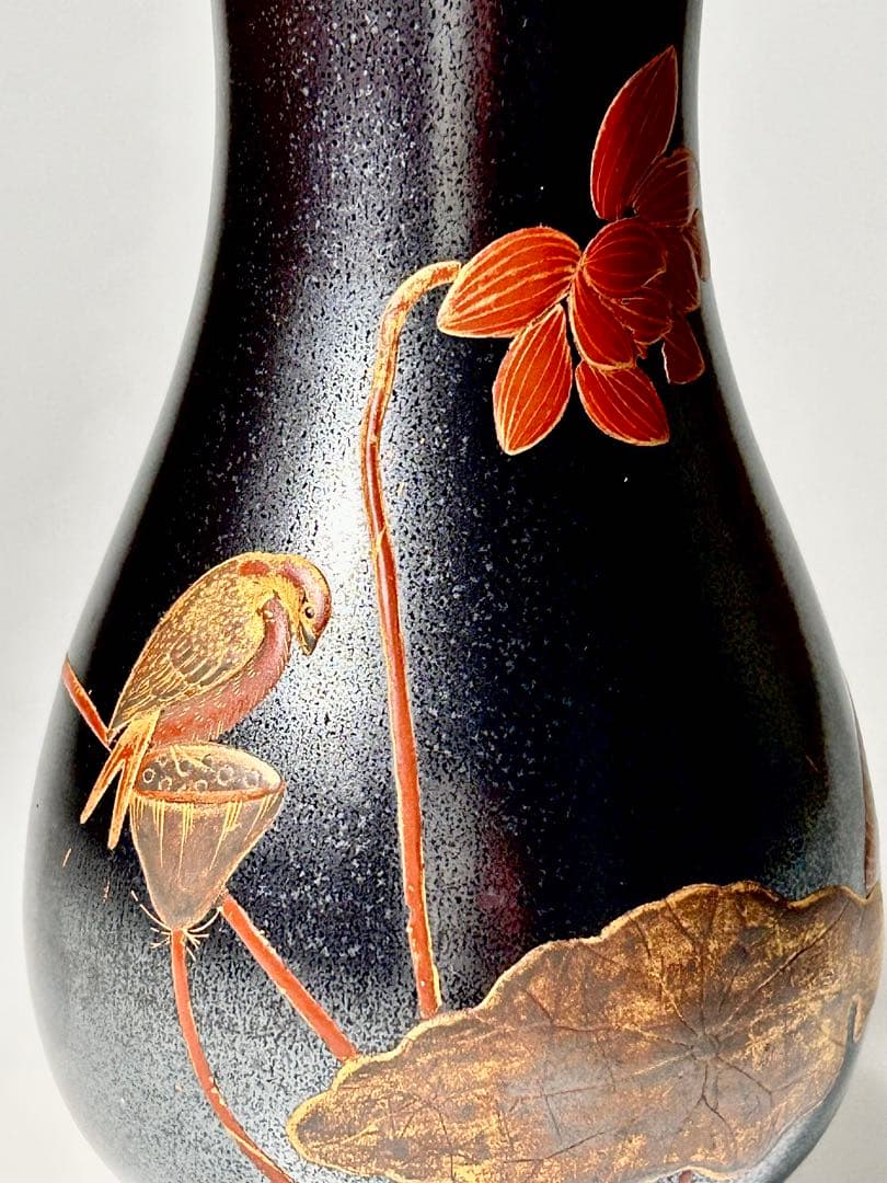 明治の名工 加藤五輔 錆釉蓮雀文小花瓶 瀬戸黒 美濃焼 瀬戸焼
