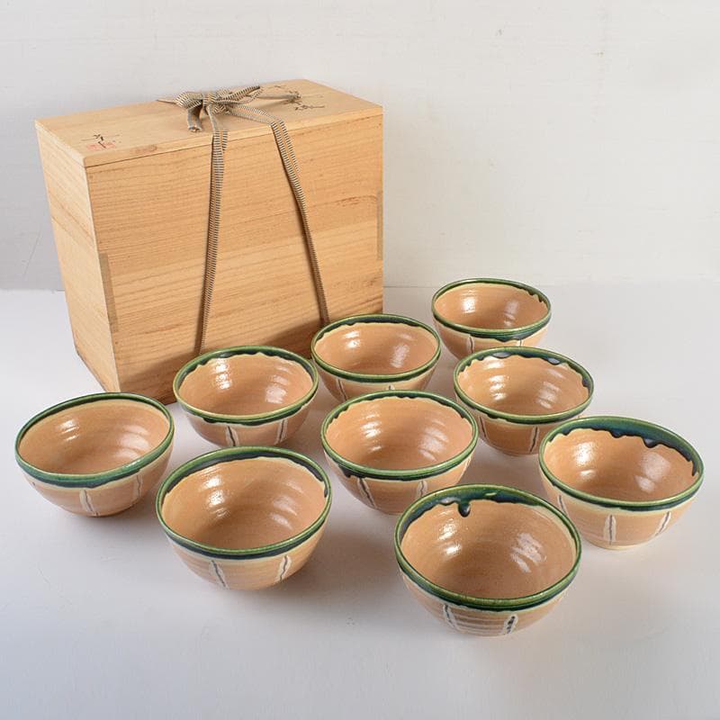 茶道具　桃山窯　林英二造　赤織部　数茶碗　９客　共箱　V　6116C