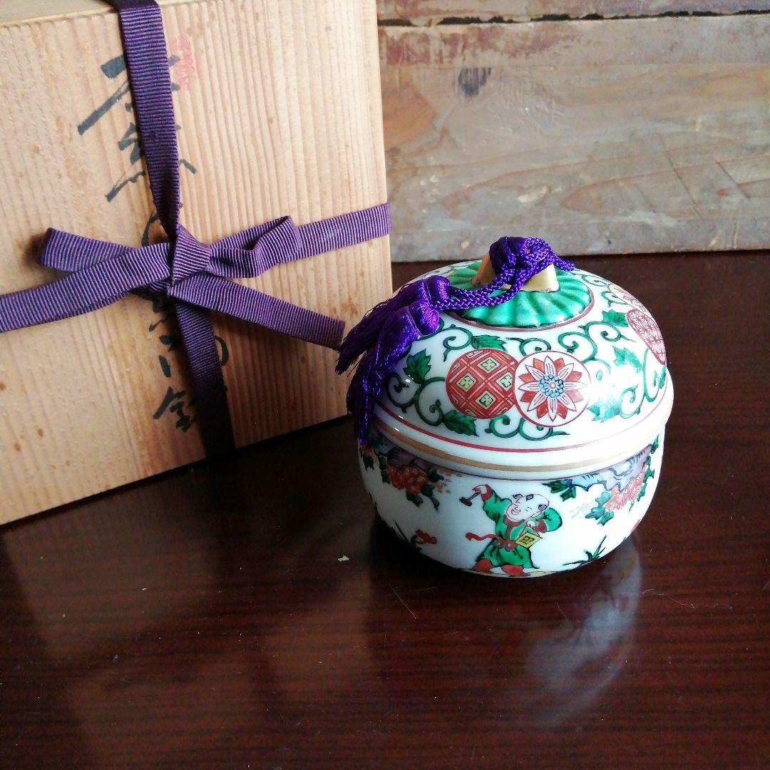 渋草焼　芳国舎　赤絵唐子紋陶鈴　11cm