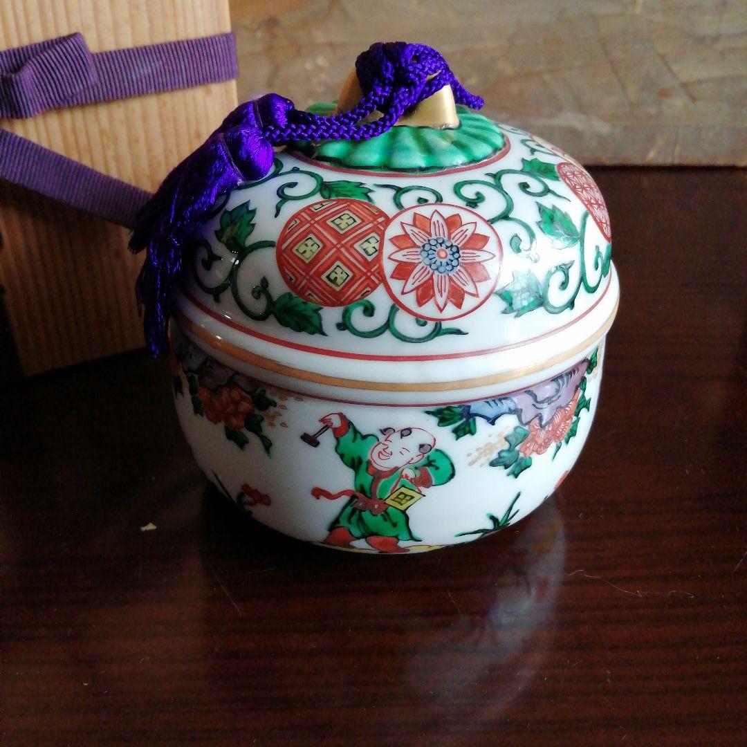 渋草焼　芳国舎　赤絵唐子紋陶鈴　11cm