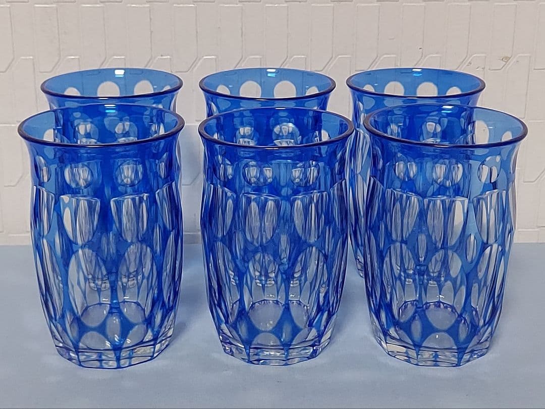 銀座松屋 江戸切子グラス 青被せ 箱入り レトロ