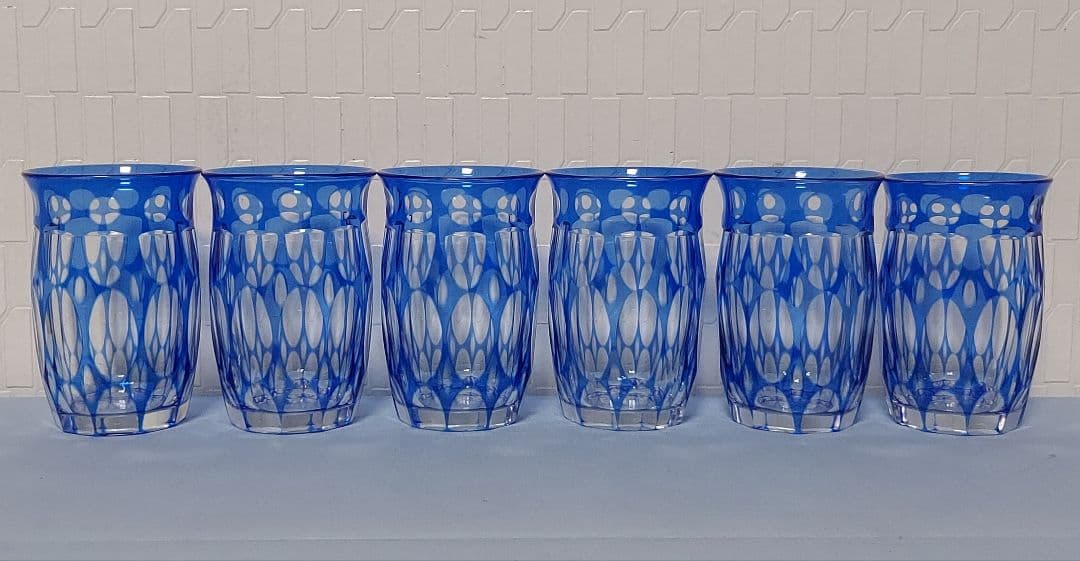 銀座松屋 江戸切子グラス 青被せ 箱入り レトロ