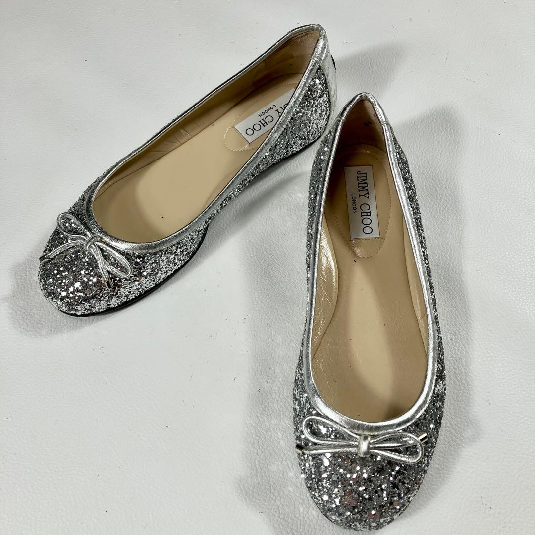 極美品✨ジミーチュー　シルバー　フラット バレエシューズ　リボン　22.5cm