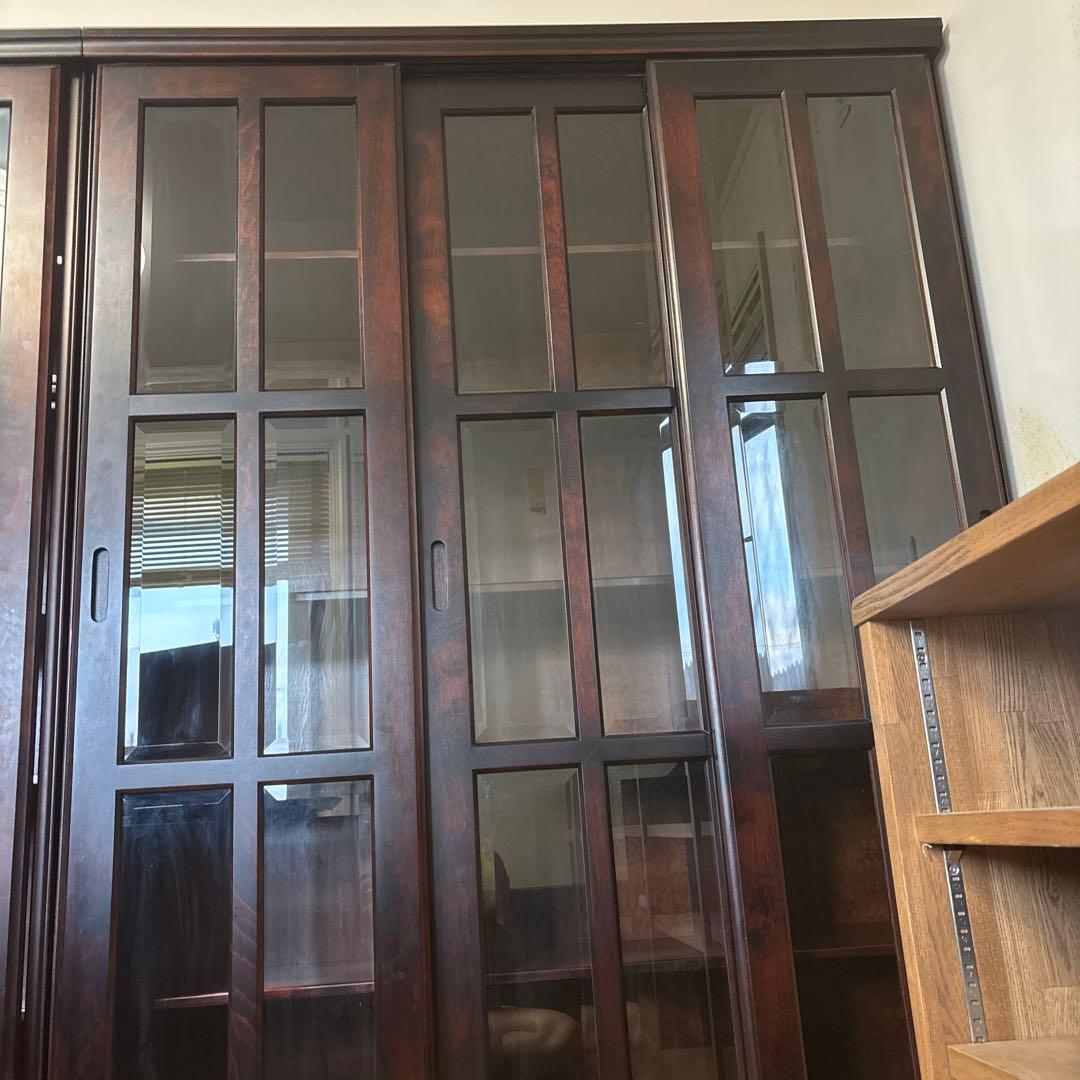 スライド式ガラス扉　本棚　ダークブラウン