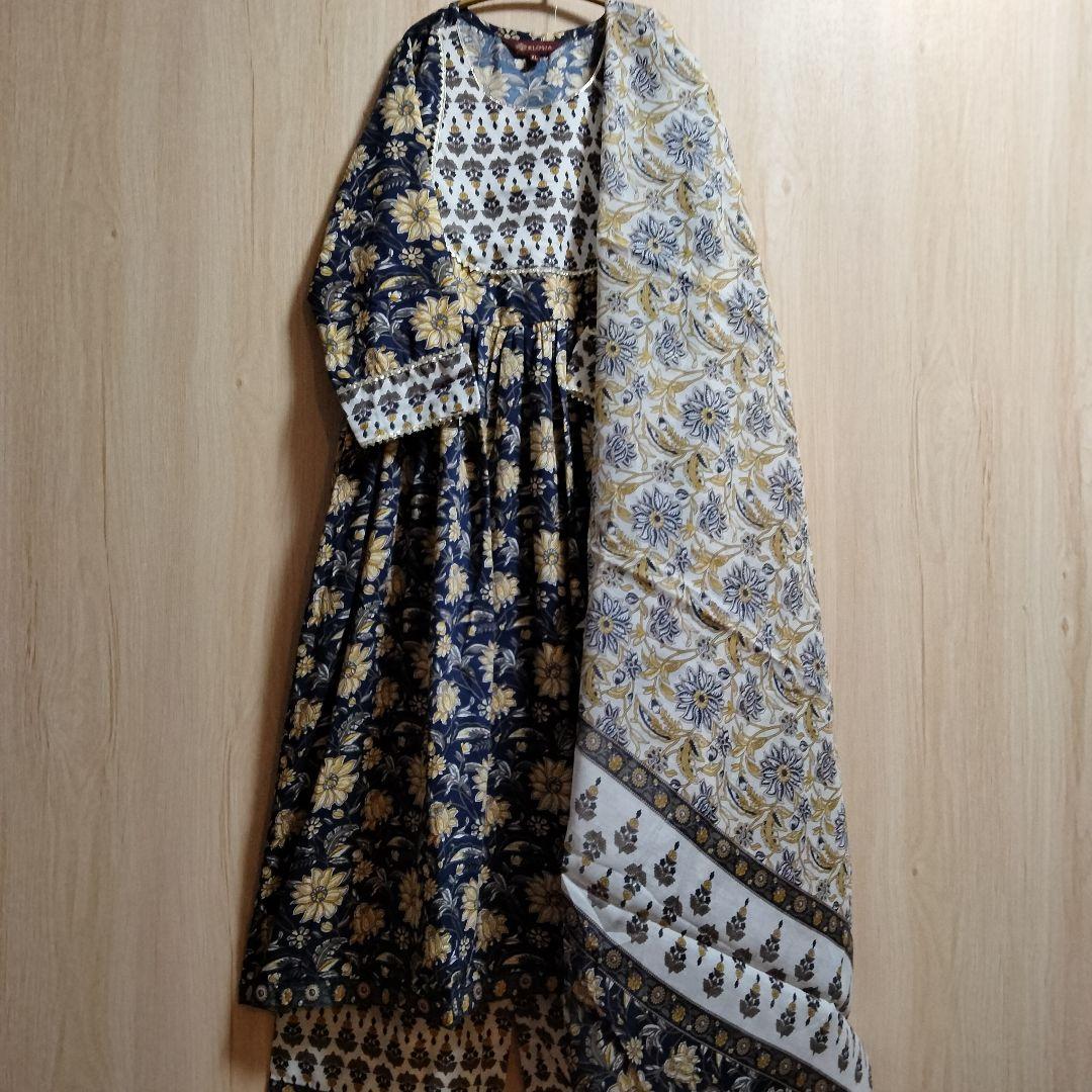◎専用◎インド民族衣装 アナルカリクルタセット ネイビー×総花柄【53A-45】