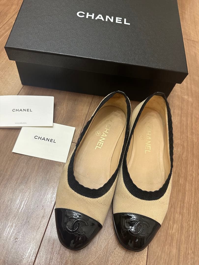 ★ぶン★CHANEL バレーシューズ　フラット　ベージュ　黒　サイズ37