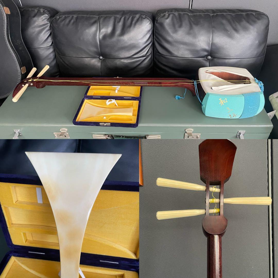 三味線 紅木子持綾杉金細 二枚溝極上天然素材 バチケース付き　糸巻バチ天然素材