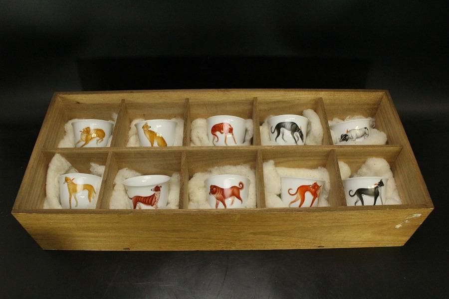 中国美術 色絵 細密 犬 絵 煎茶碗 十件 揃 雍正年製 書(A434)