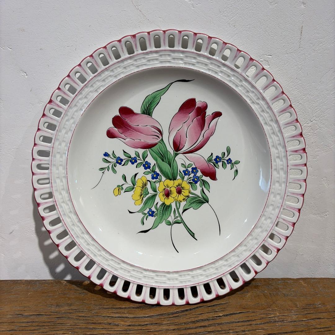 希少　Luneville パニエ　デザート皿　薔薇とチューリップ