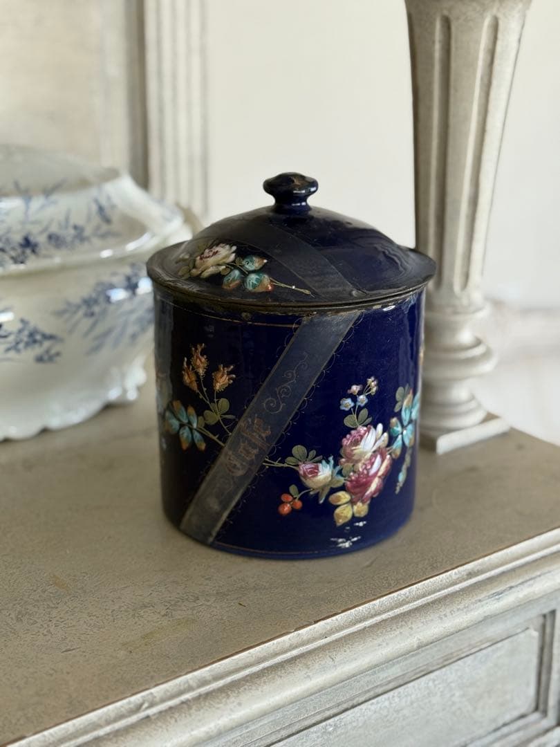 フランスアンティークレアなネイビーのお花柄cafeキャニスター蓋付き容器