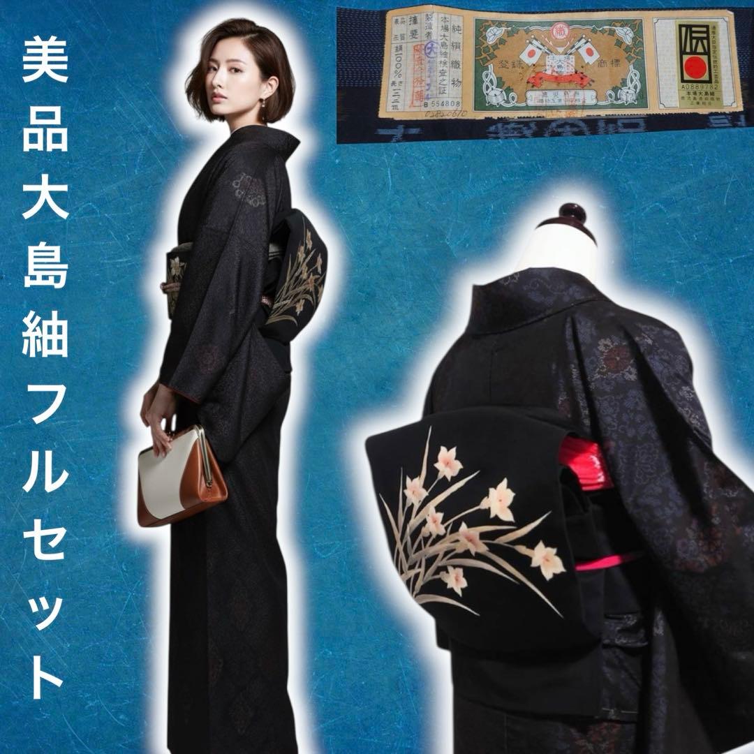未使用近い　美品　袷　証紙　大島紬　フルセット