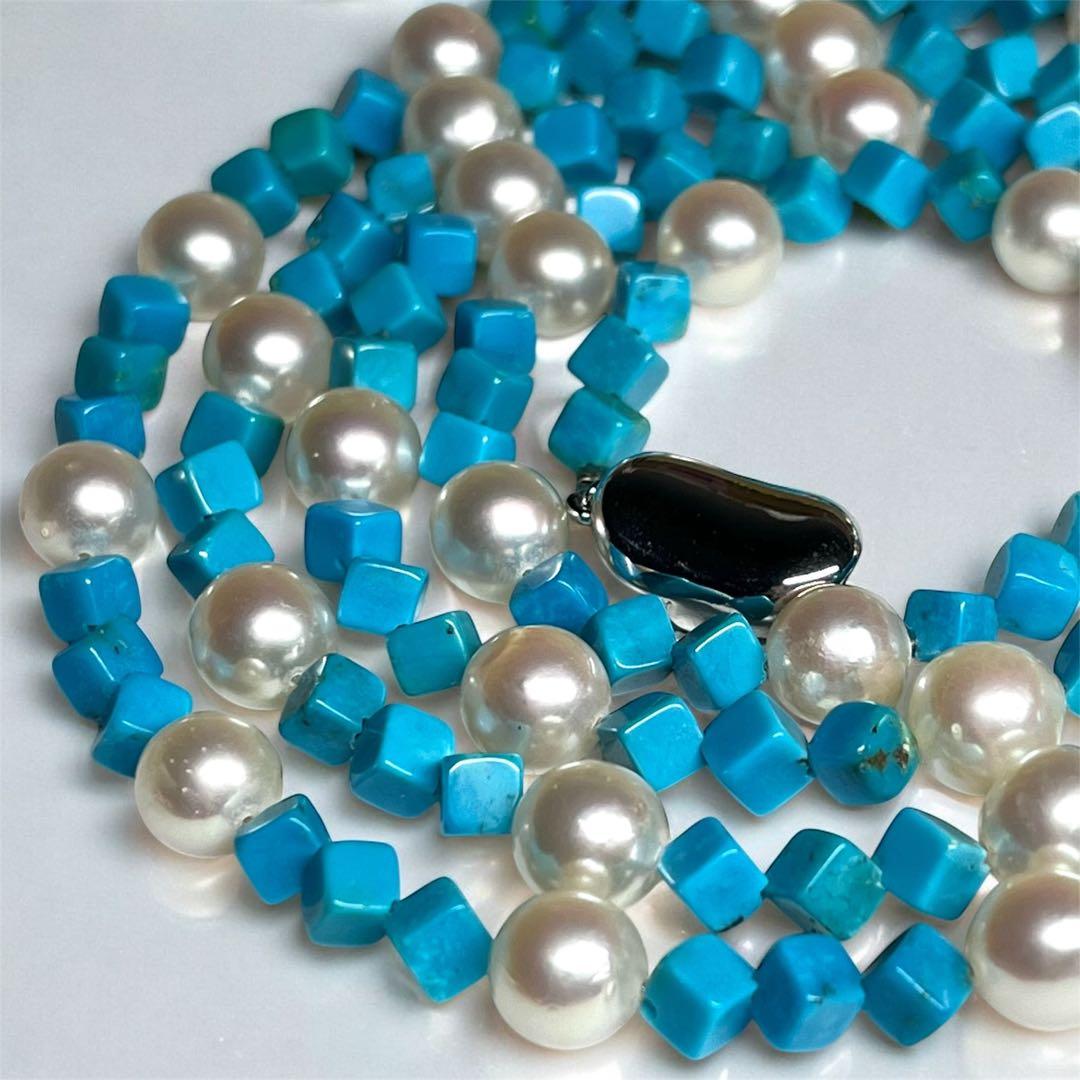未使用級✨あこや真珠＆ターコイズ キューブカット ロングネックレス 2連可能