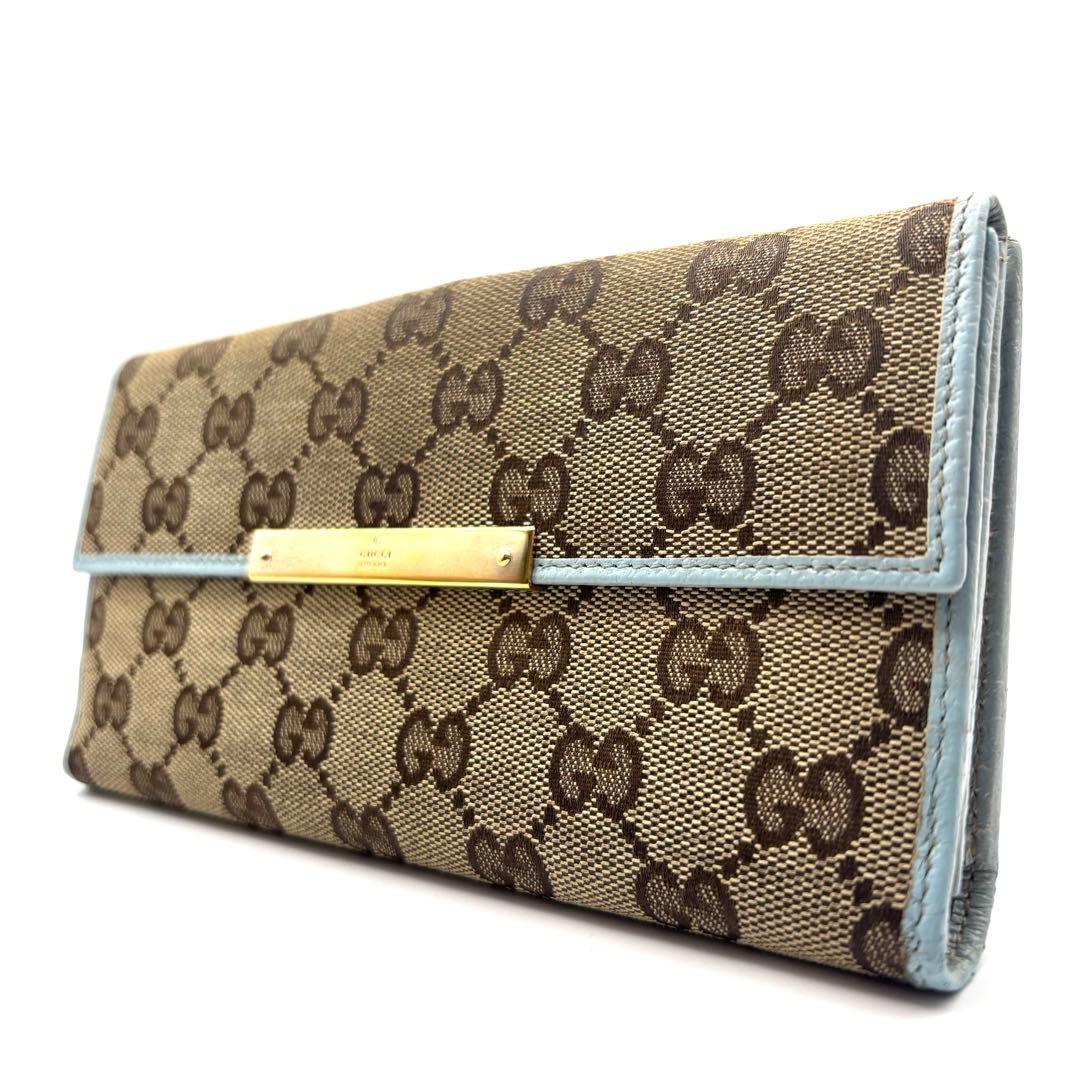グッチ 長財布 GGキャンバス ロゴプレート 折り財布 Wフラップ ブルー