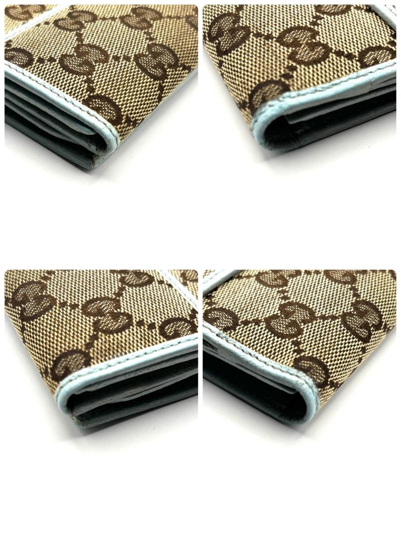 グッチ 長財布 GGキャンバス ロゴプレート 折り財布 Wフラップ ブルー