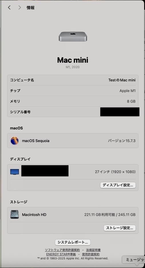 Apple Mac mini 2020 M1 メモリ8GB SSD256GB