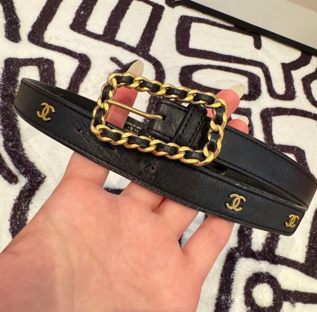 CHANEL 黒 レザー ベルト ゴールド金具
