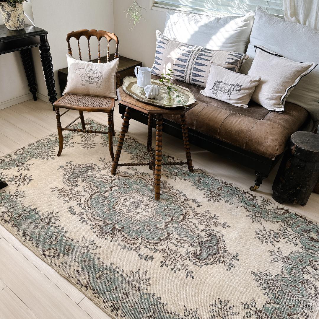 トルコ ヴィンテージラグ A121 定番 クリーム ターコイズブルー メダリオン