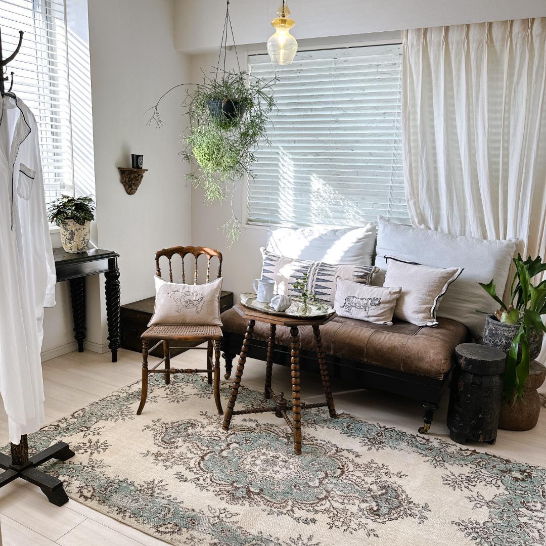 トルコ ヴィンテージラグ A121 定番 クリーム ターコイズブルー メダリオン