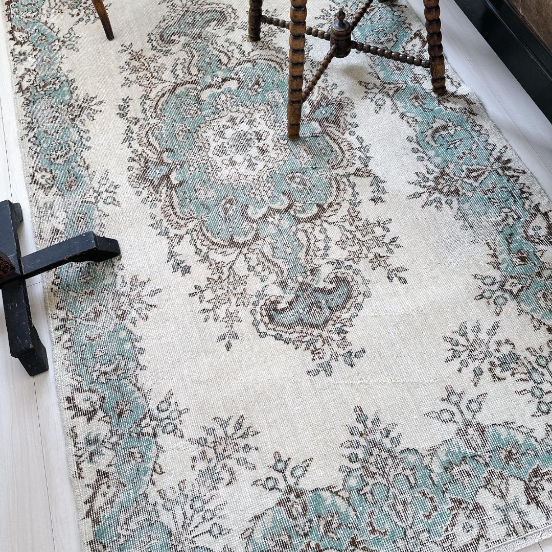 トルコ ヴィンテージラグ A121 定番 クリーム ターコイズブルー メダリオン