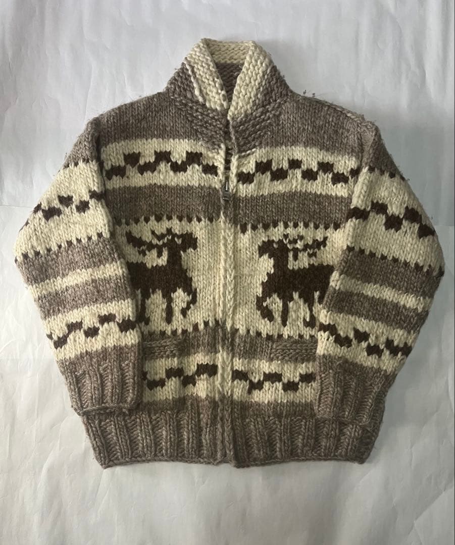 Kanata】カナダ製 カウチンニット ジップアップ　古着used 鹿柄