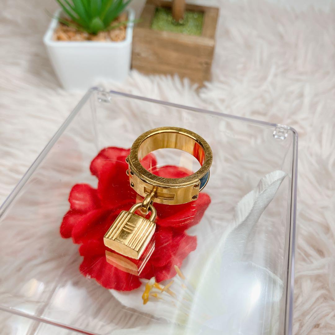 超美品 HERMES スカーフリング ケリー ゴールド ブルー カデナ 金