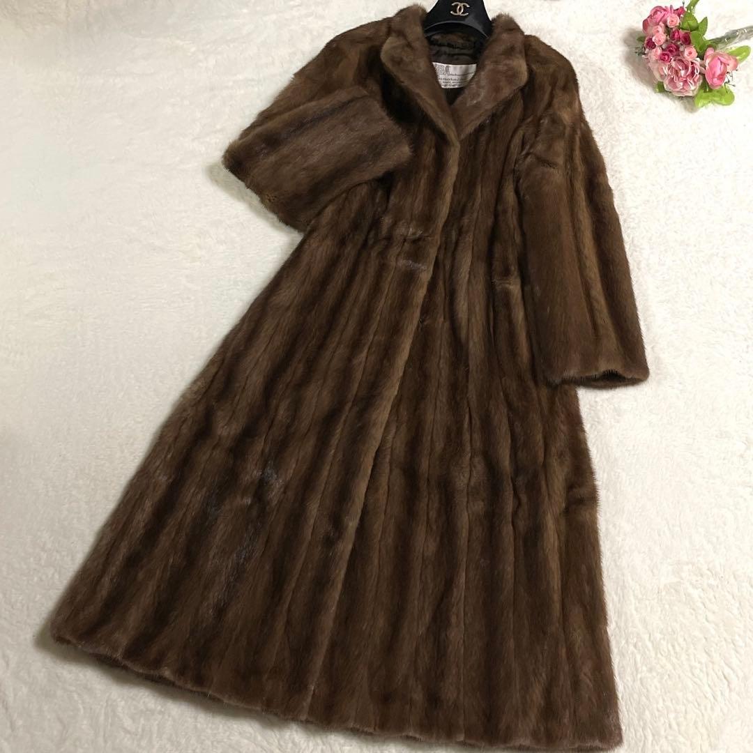着丈113cm デミバフミンク ロング ファーコート 本毛皮 ブラウン M〜L
