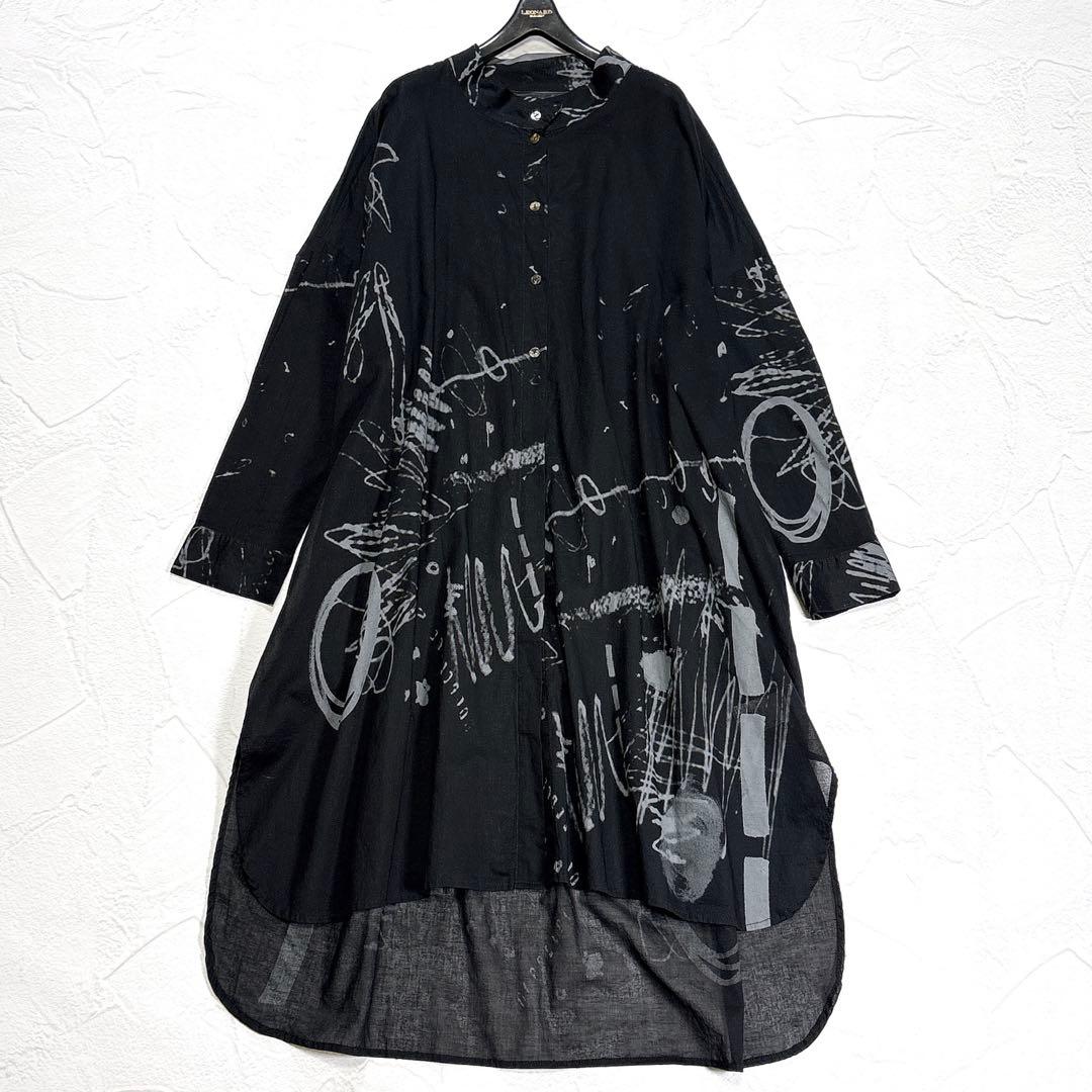 美品✨モユル　センソユニコ　シャツワンピース　アート　総柄　バンドカラー　前開き