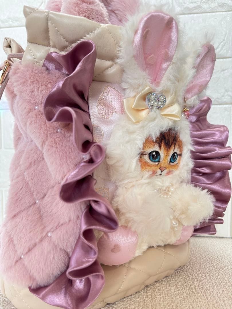 黒*こ様 コヤンイサムチョン　丸底巾着ファーバッグ　ピンク　白うさちゃん