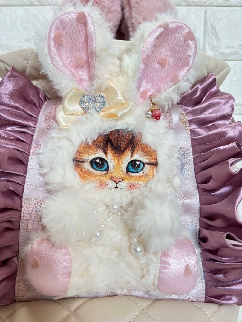 黒*こ様 コヤンイサムチョン　丸底巾着ファーバッグ　ピンク　白うさちゃん