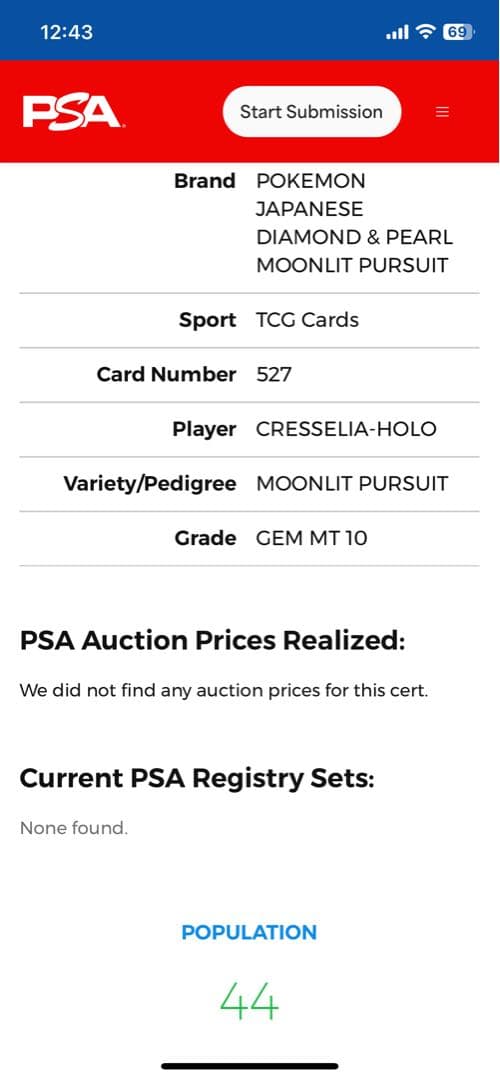 世界44枚 PSA10 クレセリア 2007 527 43 cresselia