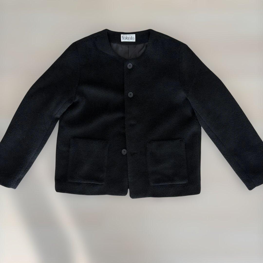 fekete ブラック ノーカラーウールシャギージャケット