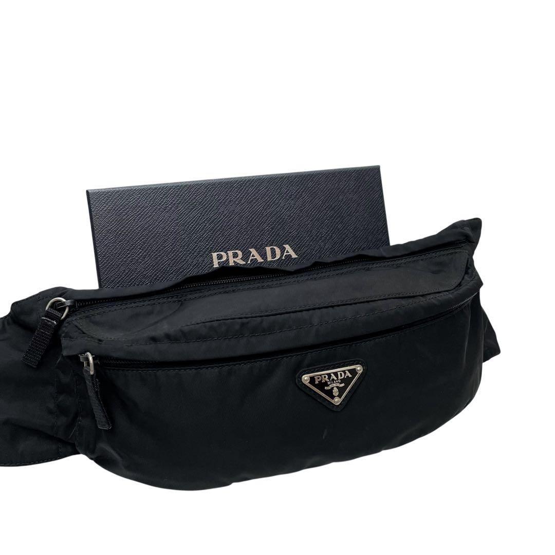 良品 プラダ ナイロン 三角プレートロゴ ウエスト ボディ バッグ ブラック.