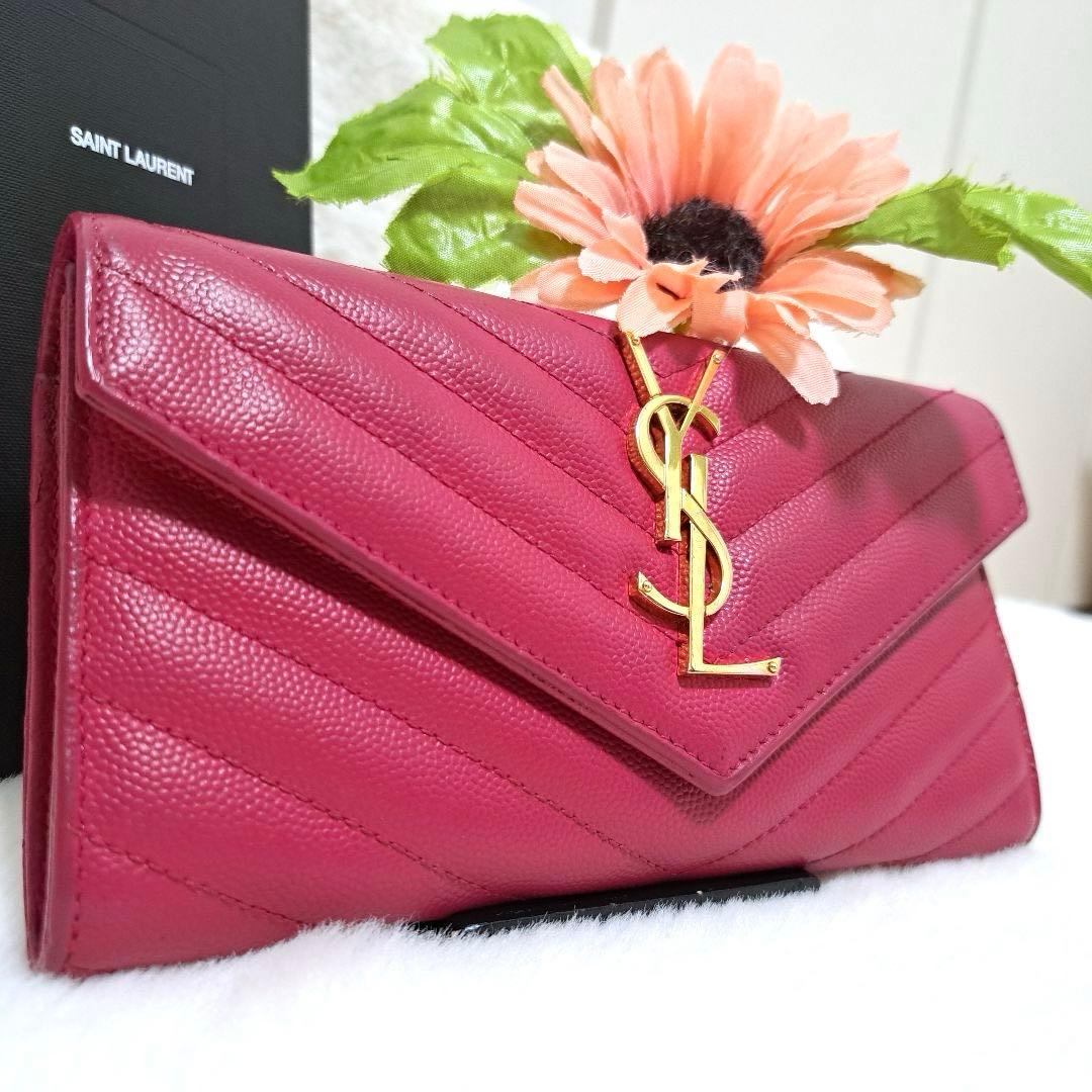 サンローラン　長財布　二つ折り　カサンドラ　キャビアスキン　Vステッチ　レザー