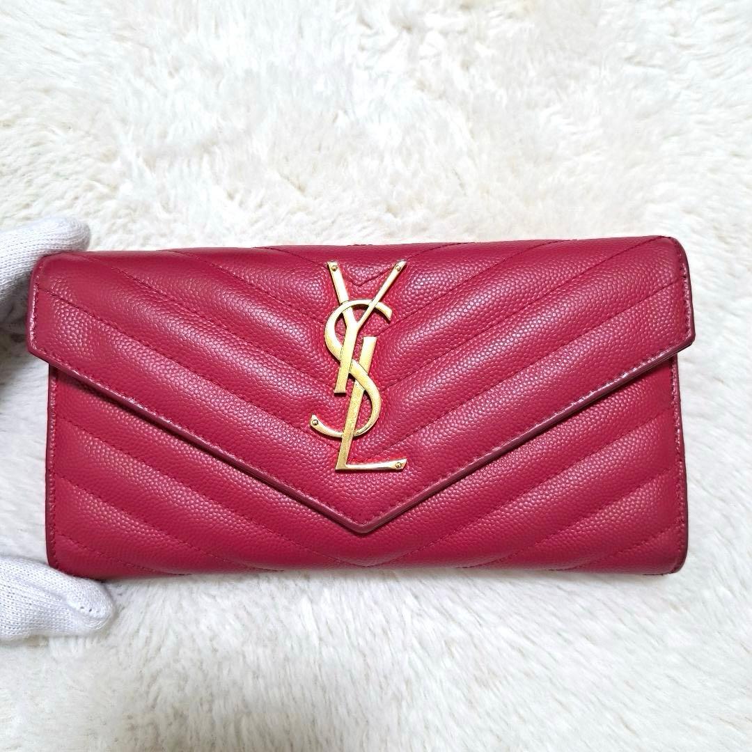 サンローラン　長財布　二つ折り　カサンドラ　キャビアスキン　Vステッチ　レザー