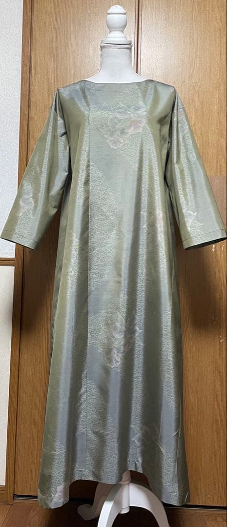 着物リメイク　大島のAラインワンピース リボン(共布紐ベルト)付き