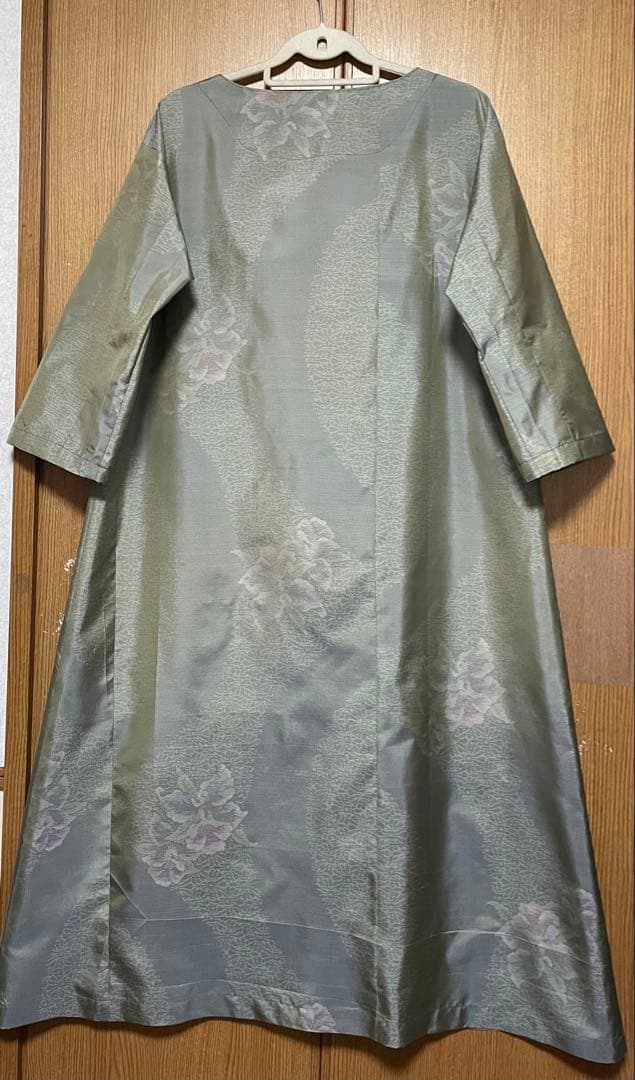 着物リメイク　大島のAラインワンピース リボン(共布紐ベルト)付き