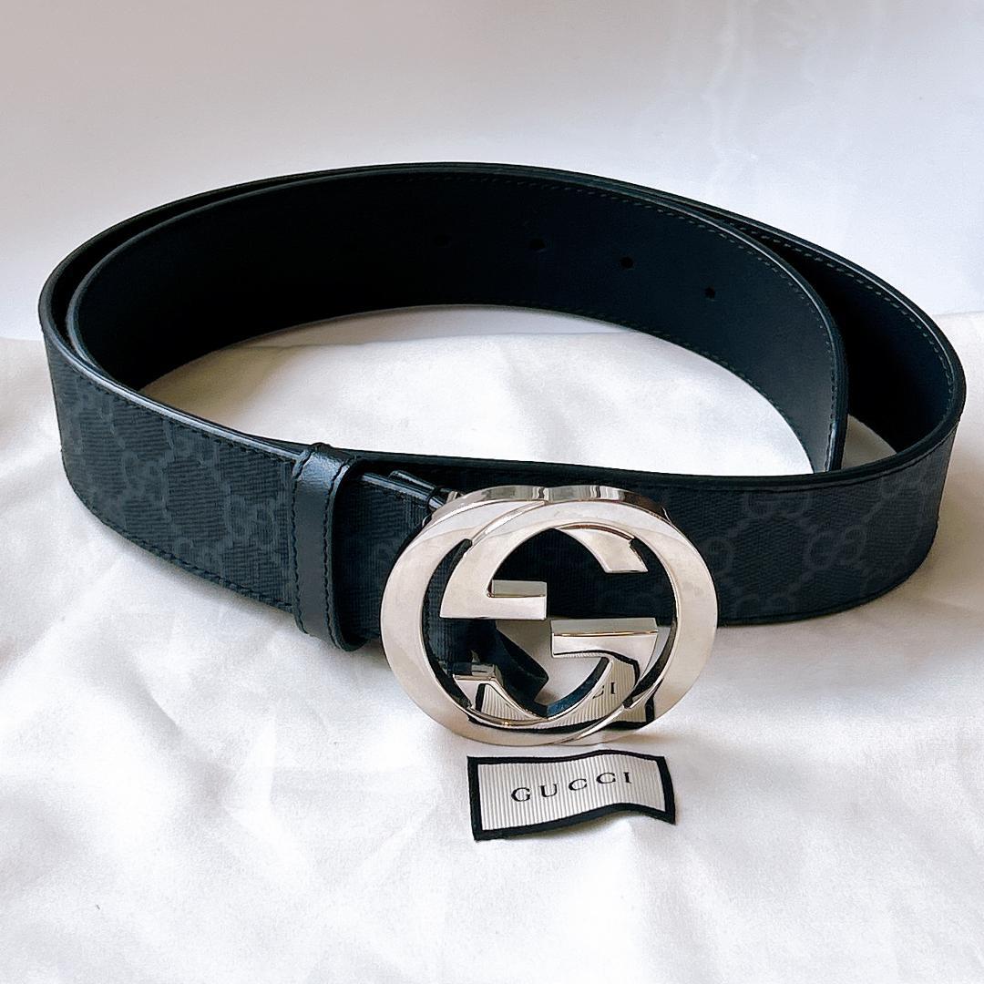 ほぼ未使用　グッチ　シマ インターロッキングG ベルト 85 GP×革 ブラック