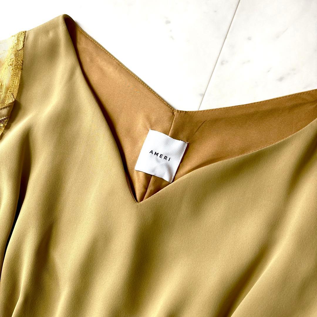 新品同様 アメリ AMERI レーススリーブロングドレス マスタード ベルト付き