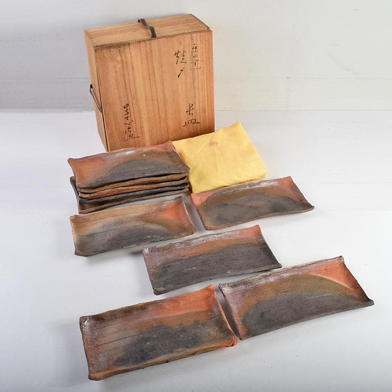 TA　和食器　楽山窯清水日呂志作　焼〆長皿　十客　共布共箱　MR9365B