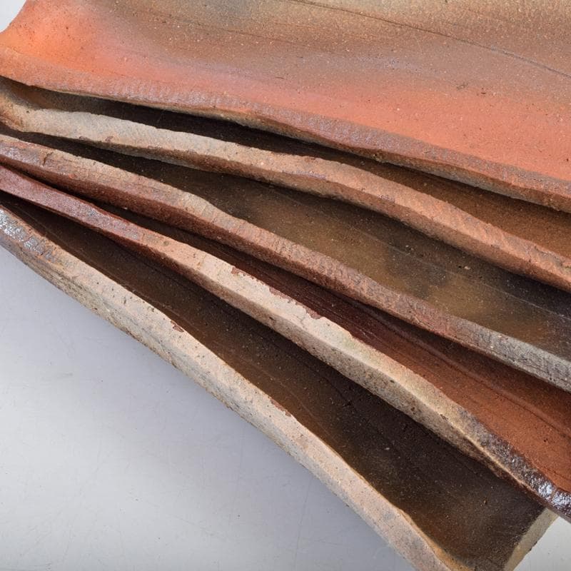 TA　和食器　楽山窯清水日呂志作　焼〆長皿　十客　共布共箱　MR9365B