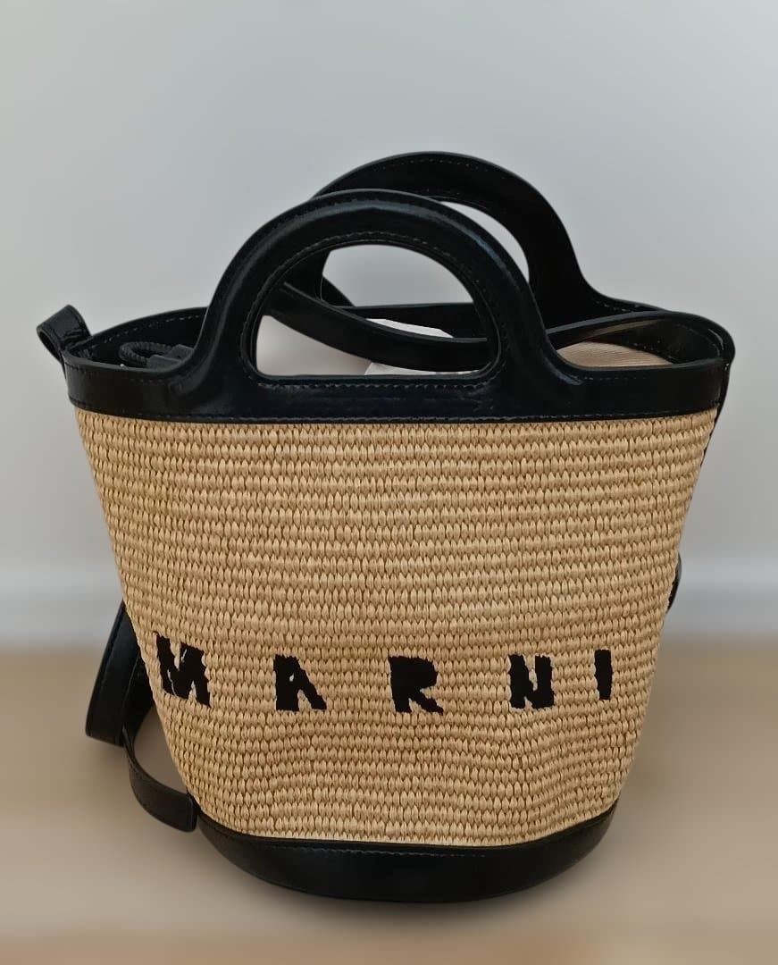 MARNI ロゴ ストロー&レザー ショルダーバッグ ベージュ×黒