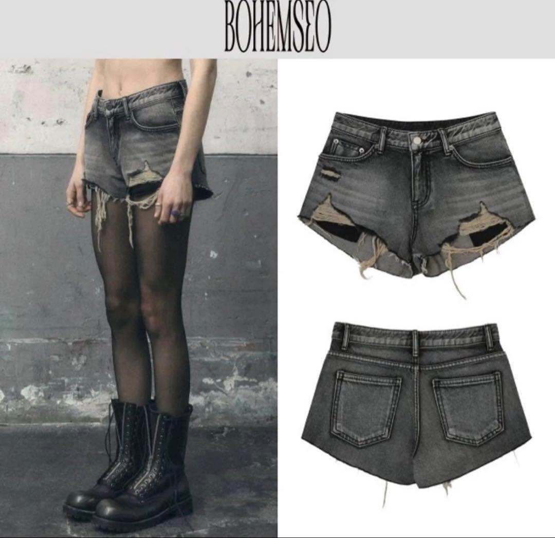 Bohemseo ダメージ加工 グレーショートパンツ
