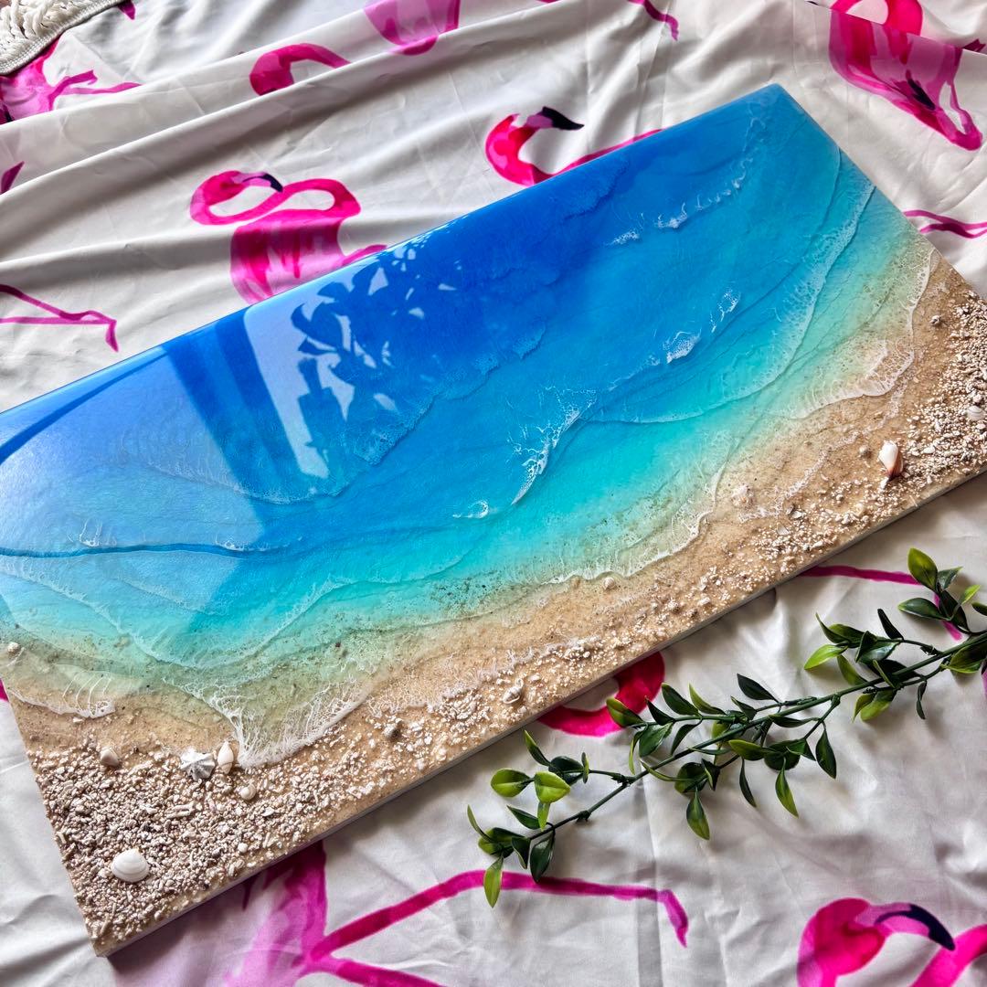 『okinawaの海を感じる』オーシャンレジンアート／杉板30×60