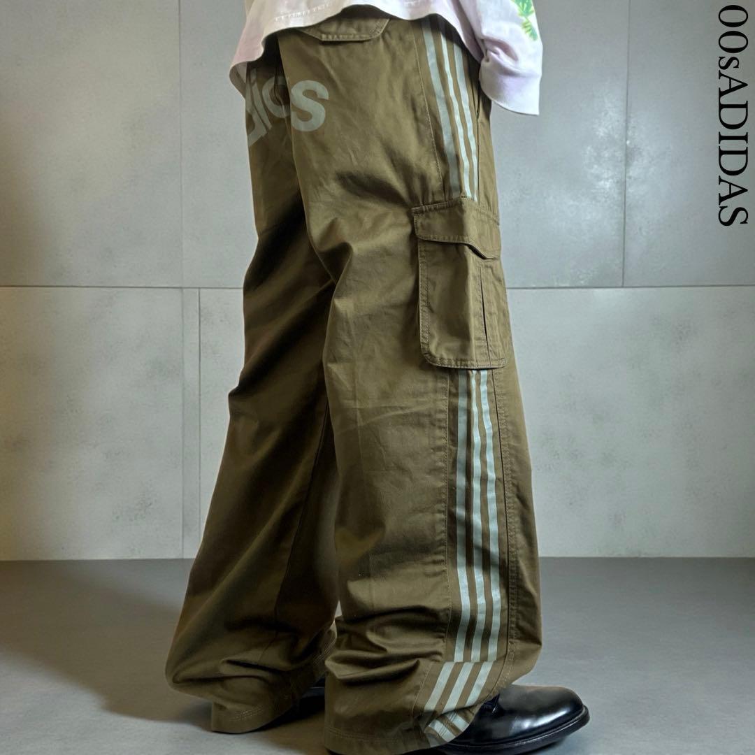 美品00s極太 adidas バギーカーゴパンツ けつロゴビッグプリント緑Y2K
