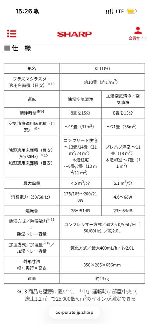 SHARP 除湿機 兼 加湿空気清浄機 KI-LD50-W