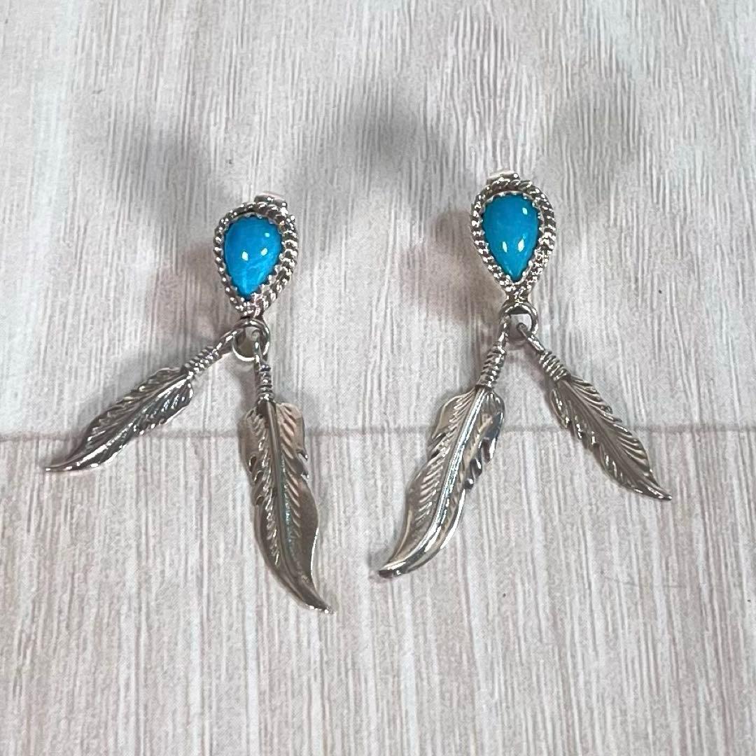 【美品】ナバホ族 インディアンジュエリー　両耳ピアス　Wフェザー&ターコイズ