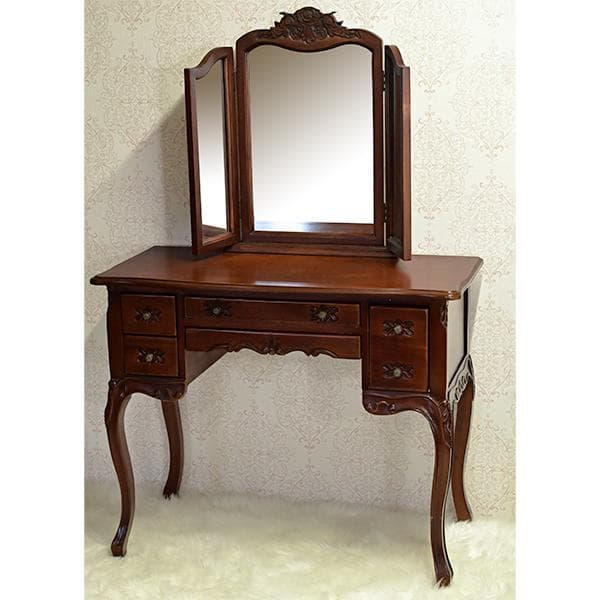 値下げ！ 長い瓶も収納 可マホガニー 三面鏡　ドレッサーデスク ロココ調 お姫様